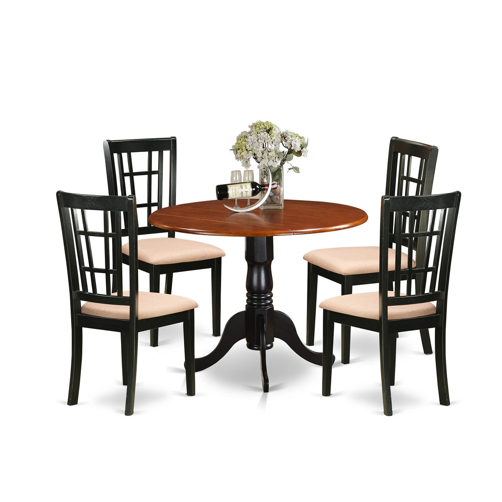 El juego de mesa de comedor de 5 piezas DLNI5-BCH-C de East West Furniture incluye una mesa de comedor redonda con alas abatibles y 4 sillas tapizadas en tela de lino.