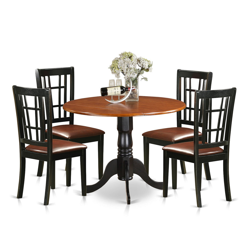 East West Furniture DLNI5-BCH-LC 5 Piece Dining Room Furniture Set Includes a Round Kitchen Table with Dropleaf and 4 Faux Leather Upholstered Dining Chairs