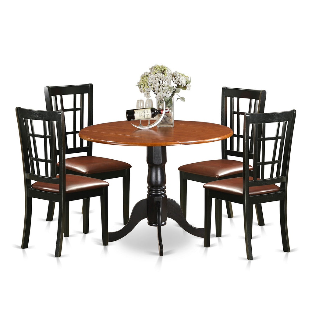 East West Furniture DLNI5-BCH-LC 5 Piece Dining Room Furniture Set Includes a Round Kitchen Table with Dropleaf and 4 Faux Leather Upholstered Dining Chairs, 42x42 Inch, Black & Cherry