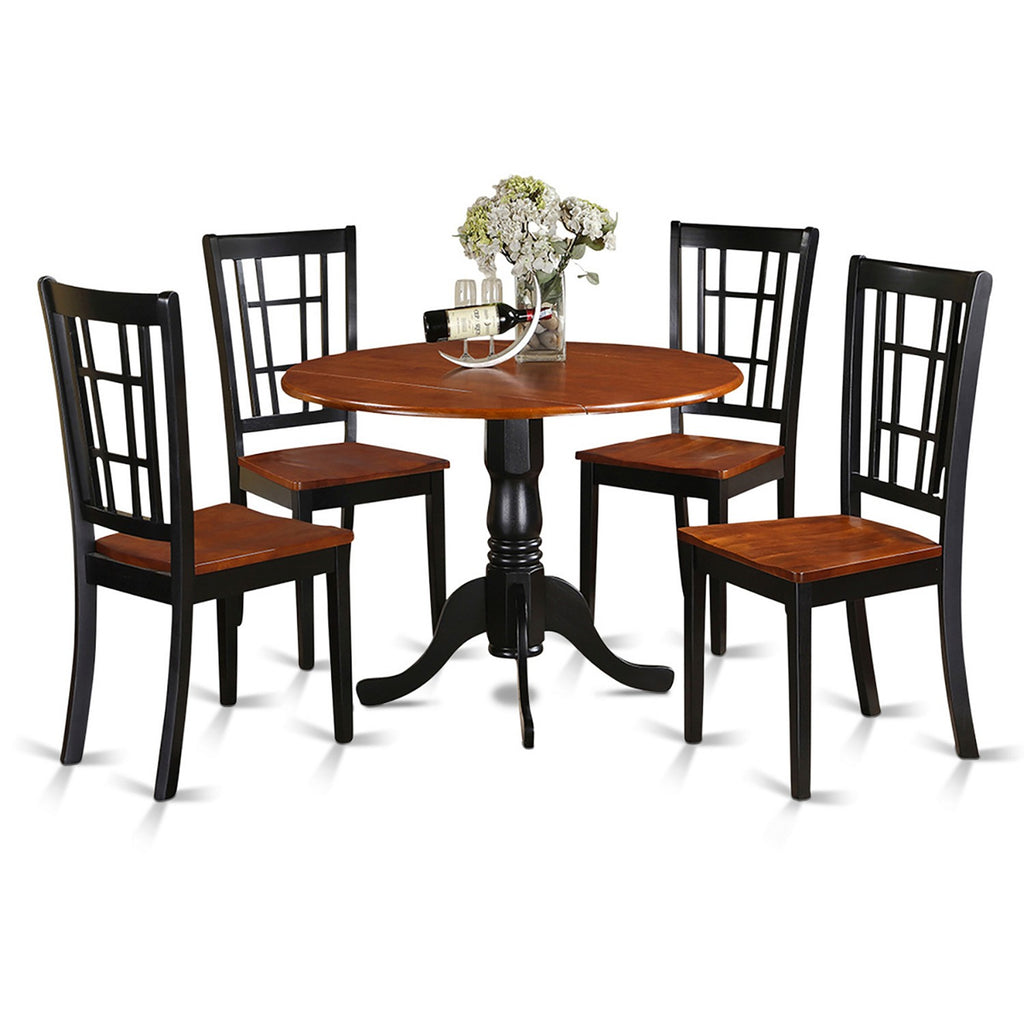East West Furniture DLNI5-BCH-W 5 Piece Modern Dining Table Set Includes a Round Wooden Table with Dropleaf and 4 Dining Chairs, 42x42 Inch, Black & Cherry