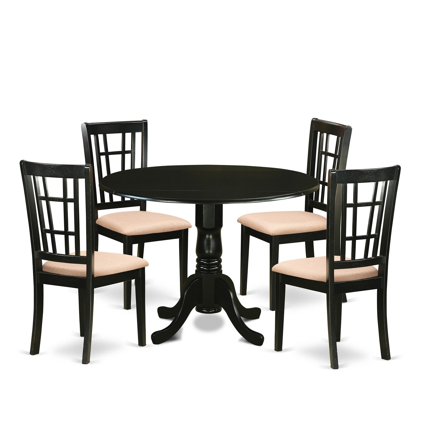 Juego de mesa de comedor moderna de 5 piezas East West Furniture DLNI5-BLK-C. Incluye una mesa redonda de madera con alas abatibles y 4 sillas de comedor de cocina de tela de lino.