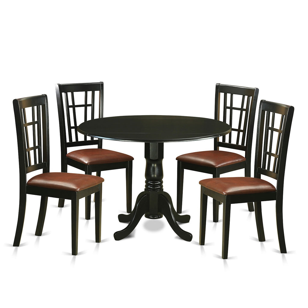 East West Furniture DLNI5-BLK-LC 5 Piece Dining Set Includes a Round Dining Room Table with Dropleaf and 4 Faux Leather Upholstered Kitchen Chairs