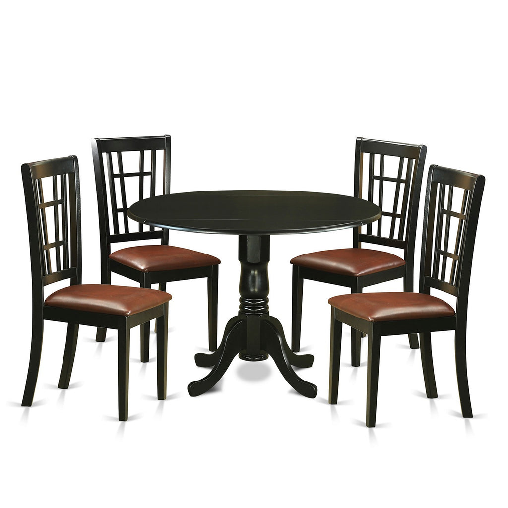 East West Furniture DLNI5-BLK-LC 5 Piece Dining Set Includes a Round Dining Room Table with Dropleaf and 4 Faux Leather Upholstered Kitchen Chairs, 42x42 Inch, Black