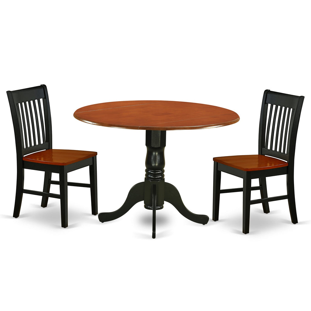 East West Furniture DLNO3-BCH-W 3 Piece Dining Room Table Set  Contains a Round Dining Table with Dropleaf and 2 Wood Seat Chairs, 42x42 Inch, Black & Cherry