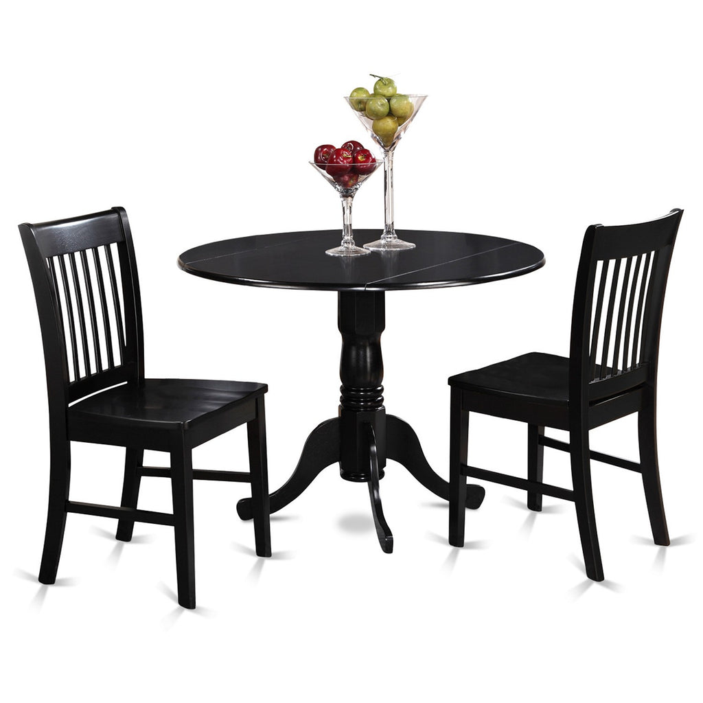East West Furniture DLNO3-BLK-W 3 Piece Kitchen Table Set for Small Spaces Contains a Round Dining Room Table with Dropleaf and 2 Solid Wood Seat Chairs