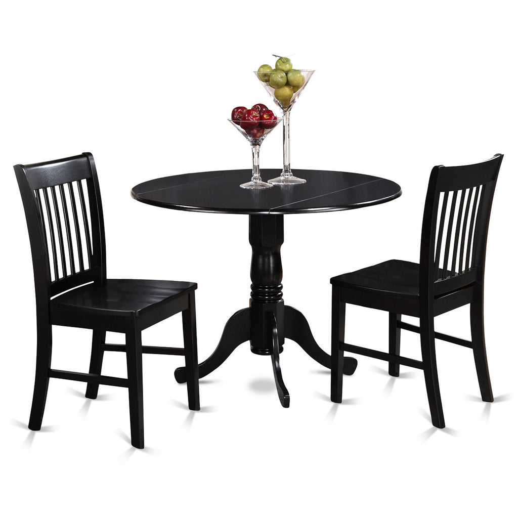 East West Furniture DLNO3-BLK-W 3 Piece Kitchen Table Set for Small Spaces Contains a Round Dining Room Table with Dropleaf and 2 Solid Wood Seat Chairs, 42x42 Inch, Black