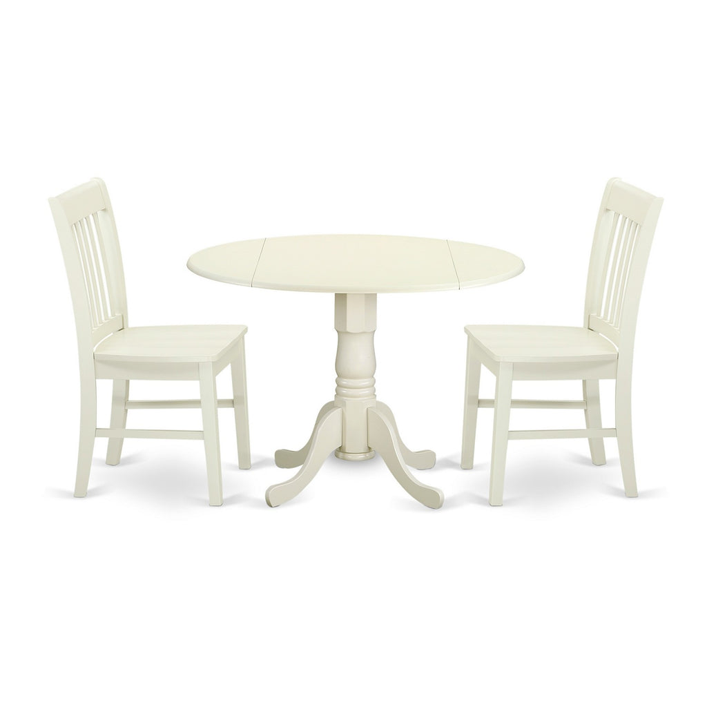 Juego de comedor de 3 piezas East West Furniture DLNO3-LWH-W para espacios pequeños. Contiene una mesa de comedor redonda con alas abatibles y 2 sillas de comedor de cocina.
