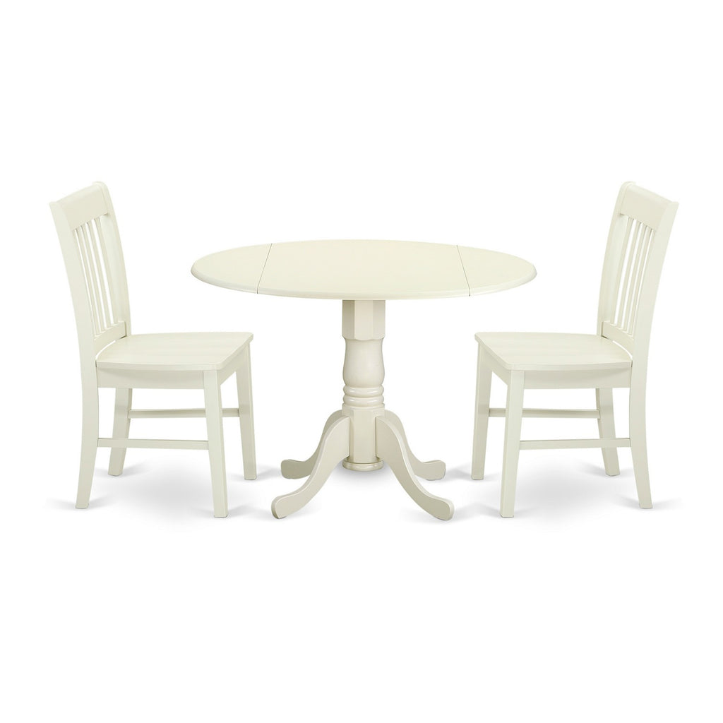 East West Furniture DLNO3-LWH-W 3 Piece Dinette Set for Small Spaces Contains a Round Dining Table with Dropleaf and 2 Kitchen Dining Chairs, 42x42 Inch, Linen White