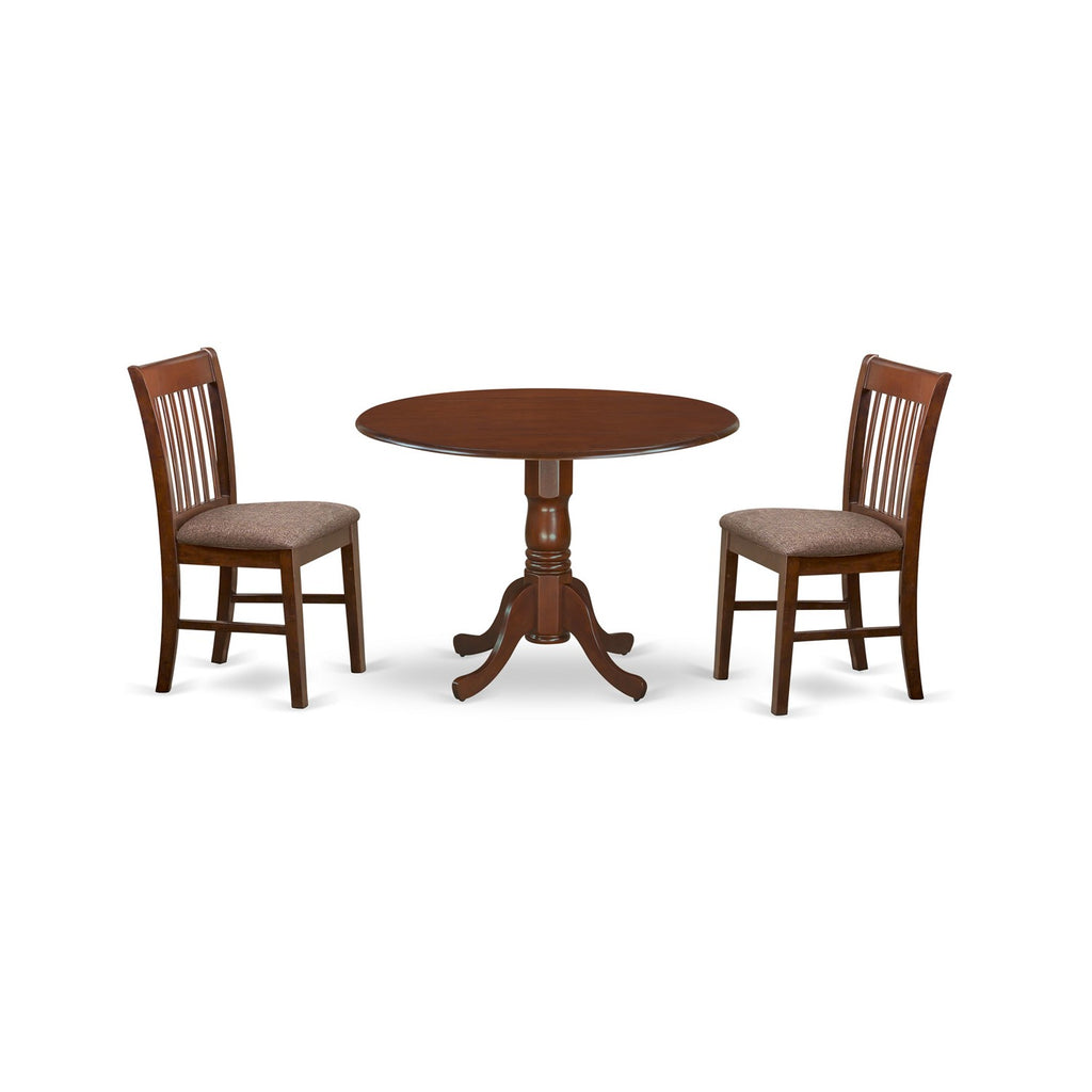 East West Furniture DLNO3-MAH-C 3 Piece Kitchen Table & Chairs Set Contains a Round Dining Room Table with Dropleaf and 2 Linen Fabric Upholstered Dining Chairs, 42x42 Inch, Mahogany