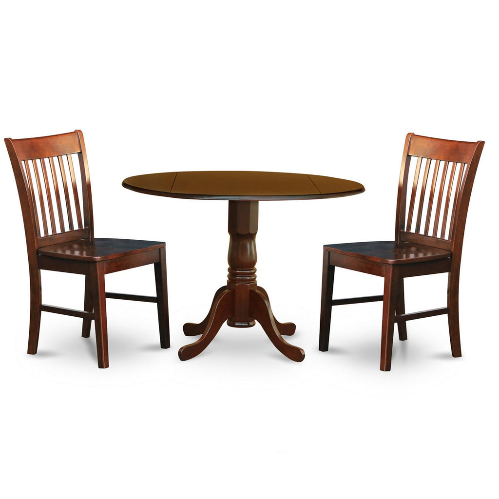 Juego de mesa de cocina de 3 piezas East West Furniture DLNO3-MAH-W para espacios pequeños. Contiene una mesa de comedor redonda con alas abatibles y 2 sillas de comedor.