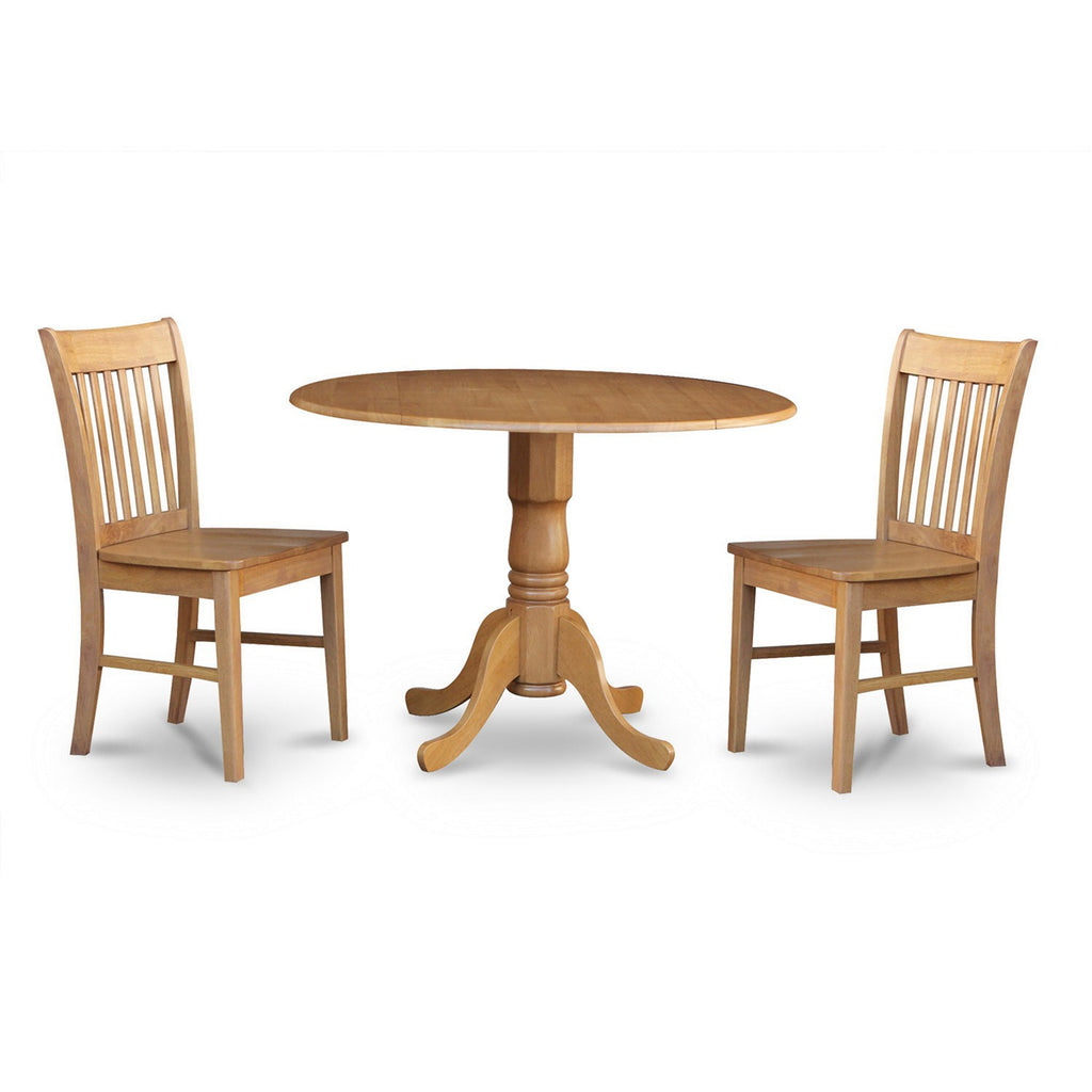 East West Furniture DLNO3-OAK-W 3 Piece Modern Dining Table Set Contains a Round Wooden Table with Dropleaf and 2 Dining Chairs