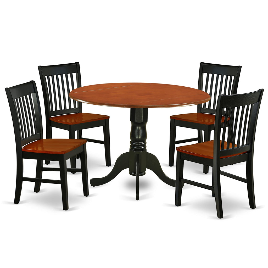 East West Furniture DLNO5-BCH-W 5 Piece Dining Table Set for 4 Includes a Round Kitchen Table with Dropleaf and 4 Dinette Chairs
