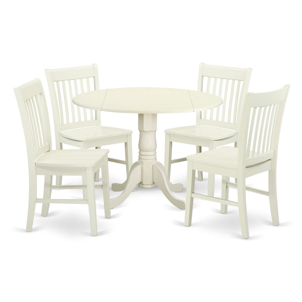 East West Furniture DLNO5-LWH-W 5 Piece Dining Set Includes a Round Dining Room Table with Dropleaf and 4 Kitchen Chairs, 42x42 Inch, Linen White