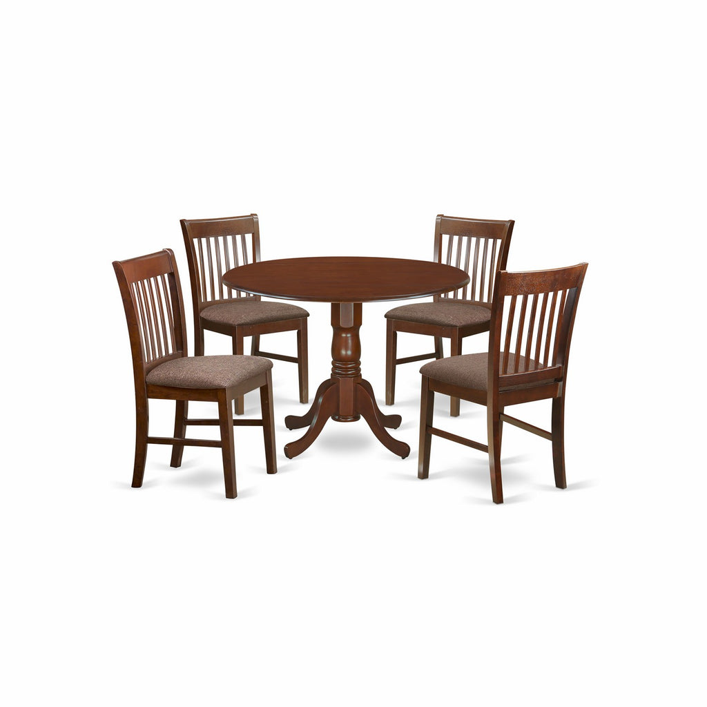 East West Furniture DLNO5-MAH-C 5 Piece Dining Room Furniture Set Includes a Round Kitchen Table with Dropleaf and 4 Linen Fabric Upholstered Dining Chairs