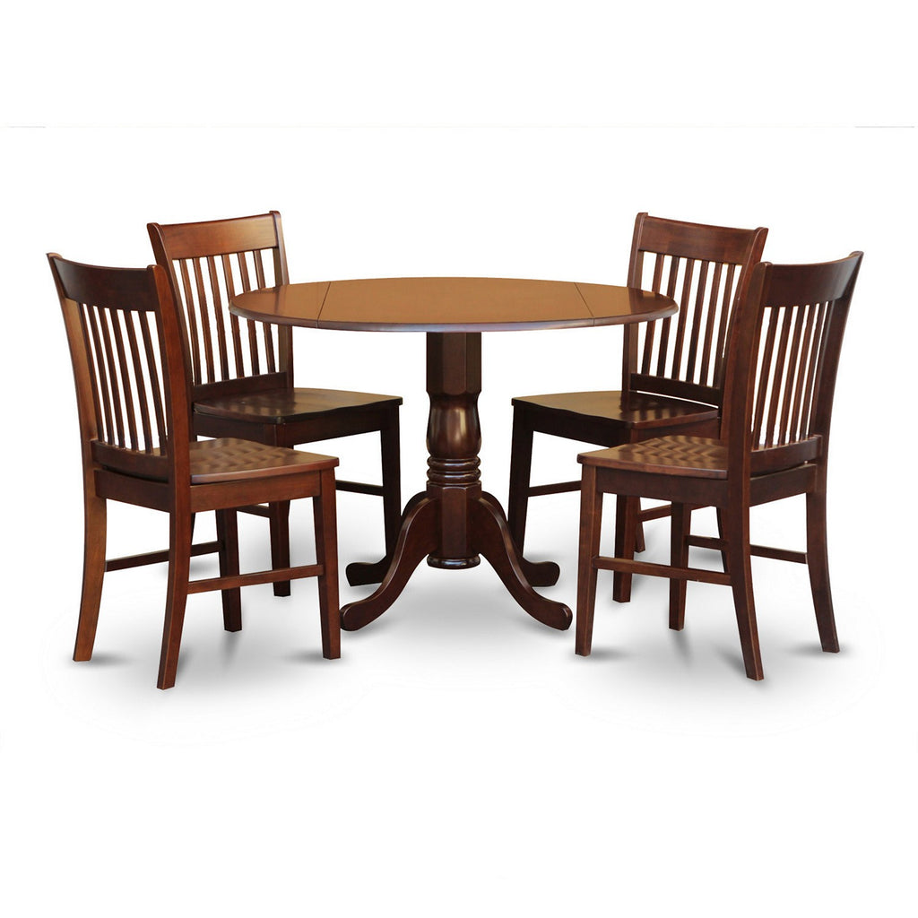 East West Furniture DLNO5-MAH-W 5 Piece Dining Room Table Set Includes a Round Dining Table with Dropleaf and 4 Wood Seat Chairs