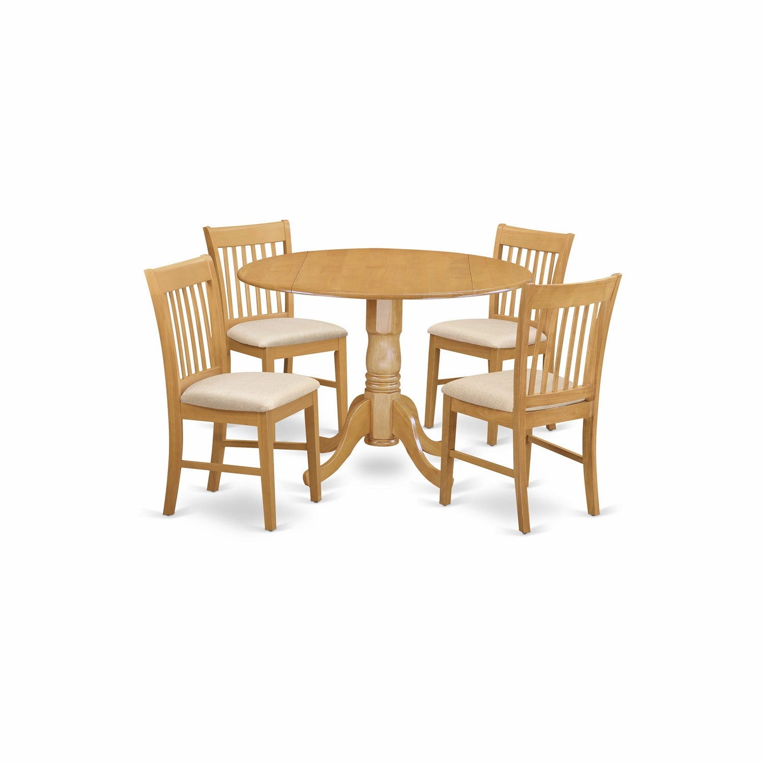 El juego de mesa y sillas de cocina de 5 piezas DLNO5-OAK-C de East West Furniture incluye una mesa de comedor redonda con alas abatibles y 4 sillas de comedor tapizadas en tela de lino.