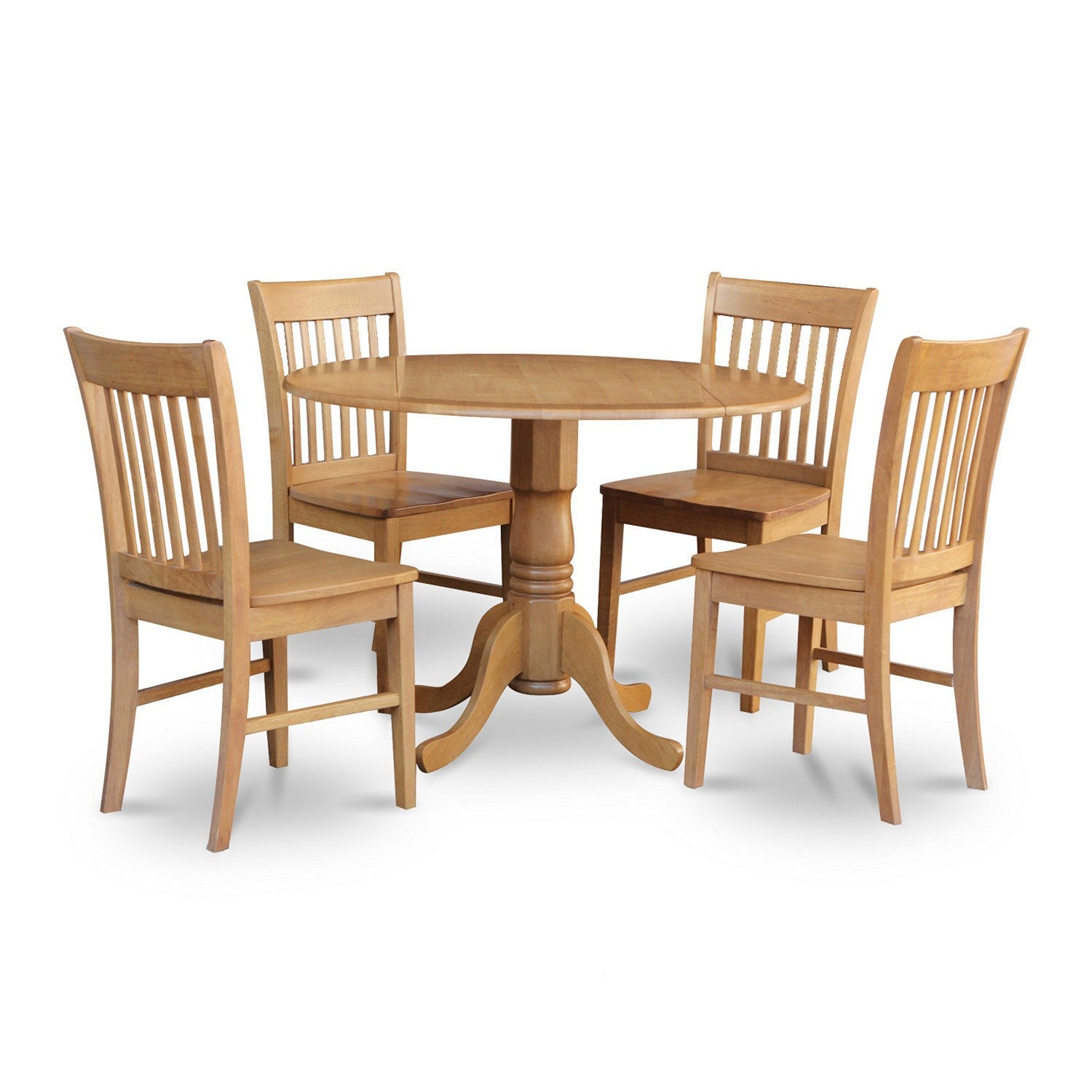 El juego de mesa de comedor moderno de 5 piezas East West Furniture DLNO5-OAK-W incluye una mesa redonda de madera con alas abatibles y 4 sillas de comedor.