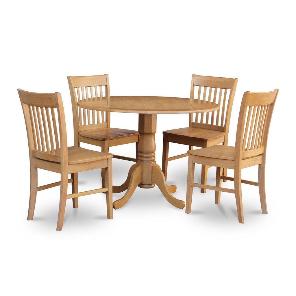 East West Furniture DLNO5-OAK-W 5 Piece Modern Dining Table Set Includes a Round Wooden Table with Dropleaf and 4 Dining Chairs