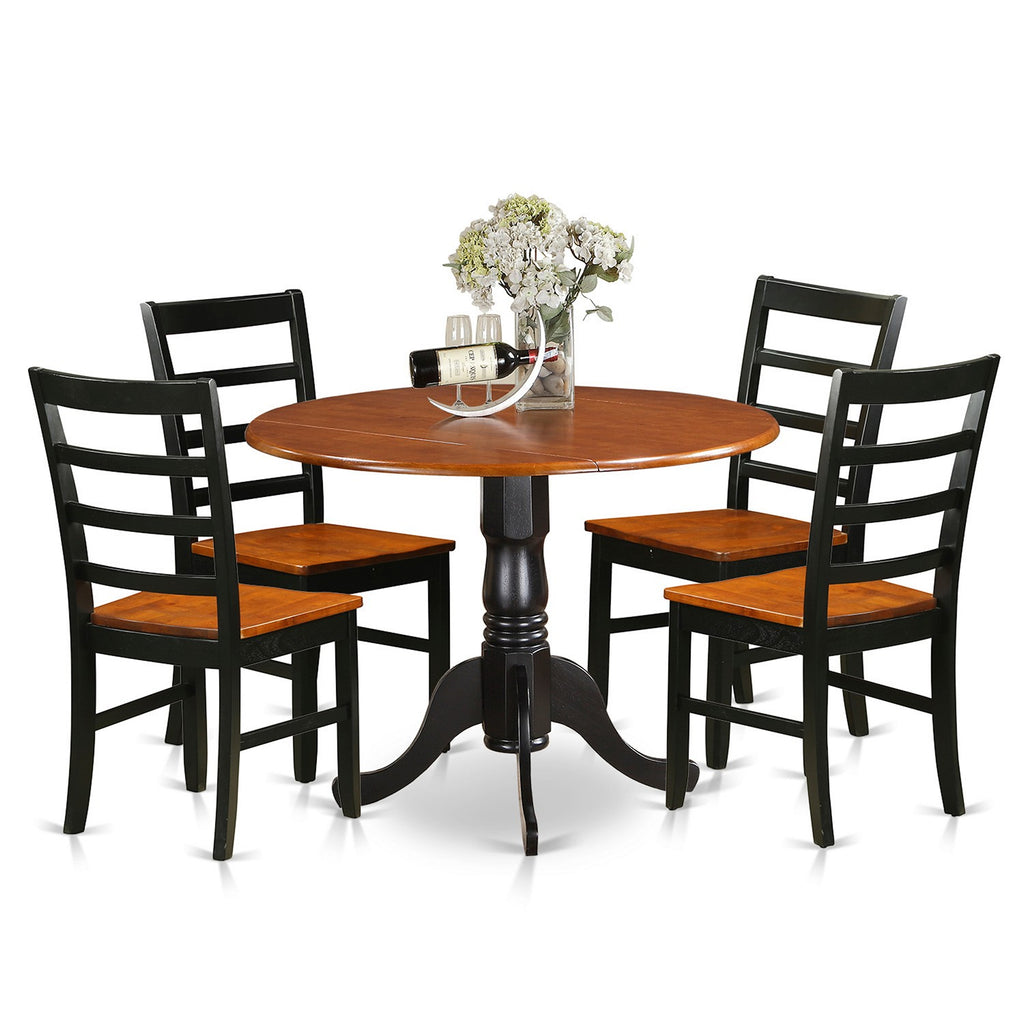 Juego de comedor de 5 piezas East West Furniture DLPF5-BCH-W para 4 personas. Incluye una mesa de comedor redonda con alas abatibles y 4 sillas de comedor.