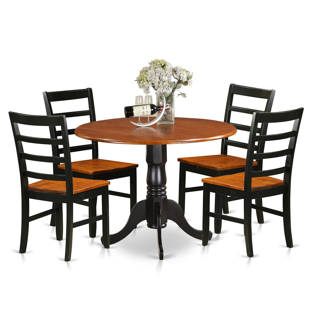East West Furniture DLPF5-BCH-W 5 Piece Dinette Set for 4 Includes a Round Dining Room Table with Dropleaf and 4 Dining Chairs, 42x42 Inch, Black & Cherry