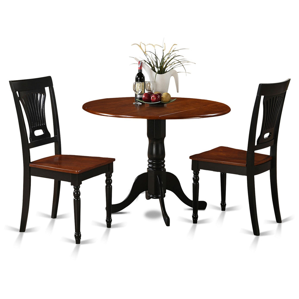 East West Furniture DLPL3-BCH-W 3 Piece Modern Dining Table Set Contains a Round Wooden Table with Dropleaf and 2 Dining Room Chairs