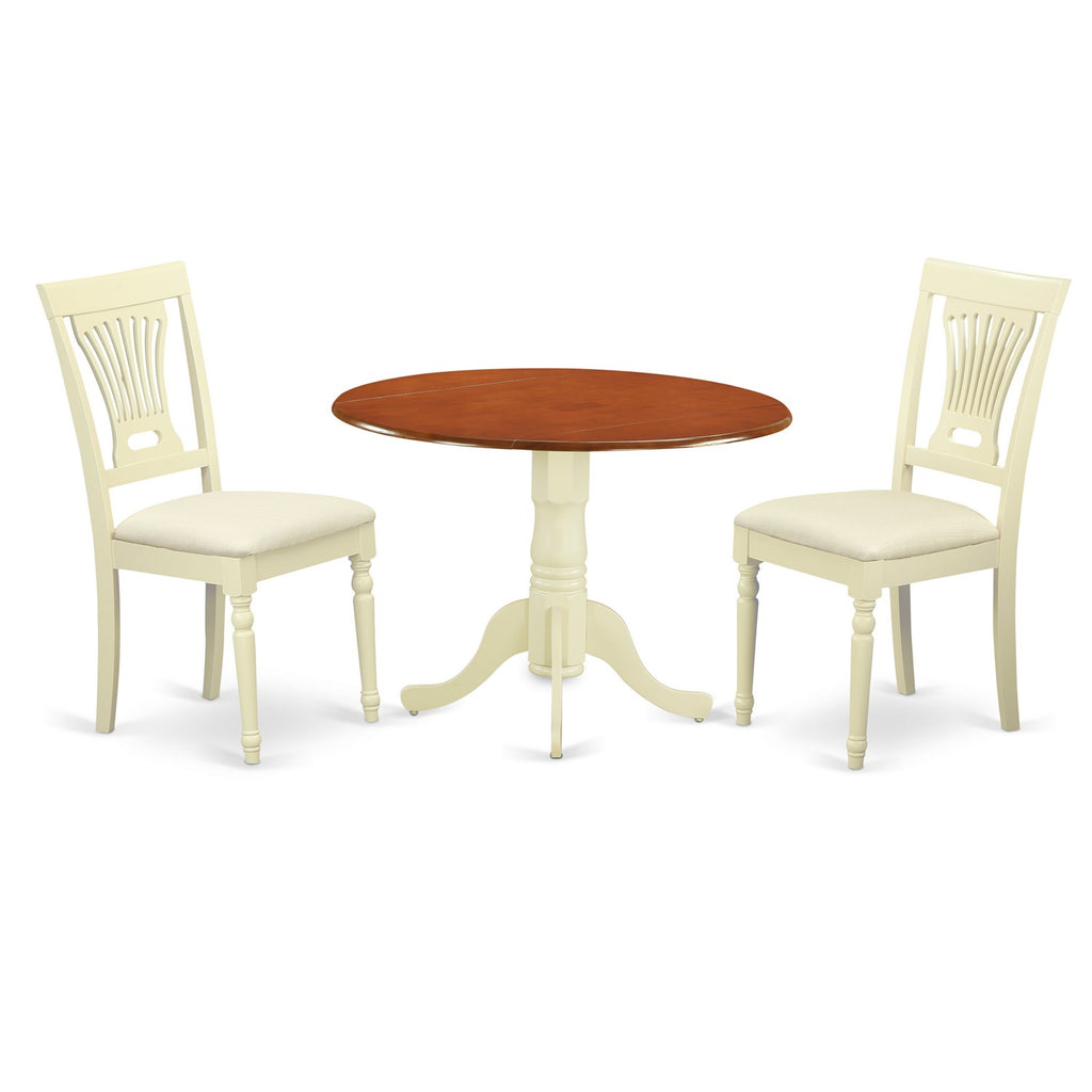 East West Furniture DLPL3-BMK-C 3 Piece Dining Room Furniture Set Contains a Round Kitchen Table with Dropleaf and 2 Linen Fabric Upholstered Dining Chairs, 42x42 Inch, Buttermilk & Cherry
