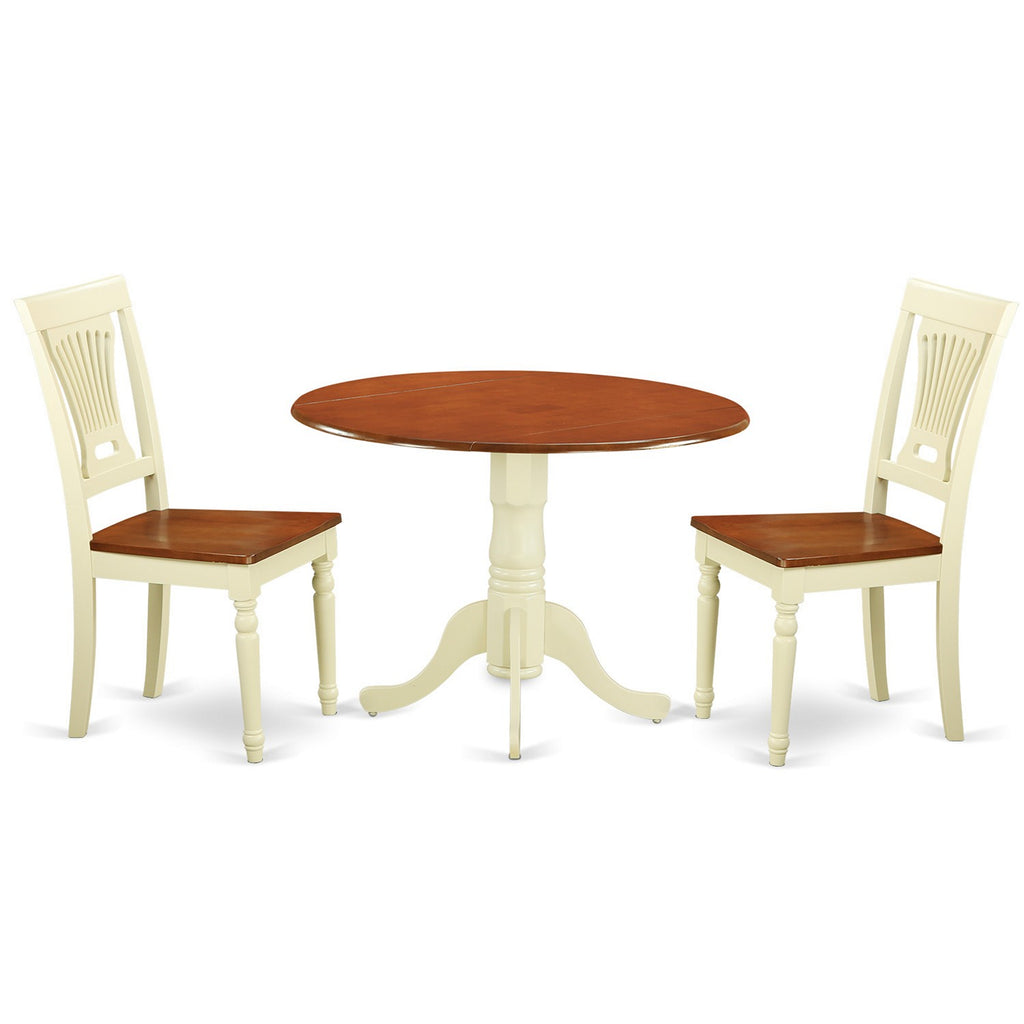 Juego de mesa de cocina de 3 piezas East West Furniture DLPL3-BMK-W para espacios pequeños. Contiene una mesa de comedor redonda con alas abatibles y 2 sillas de comedor.