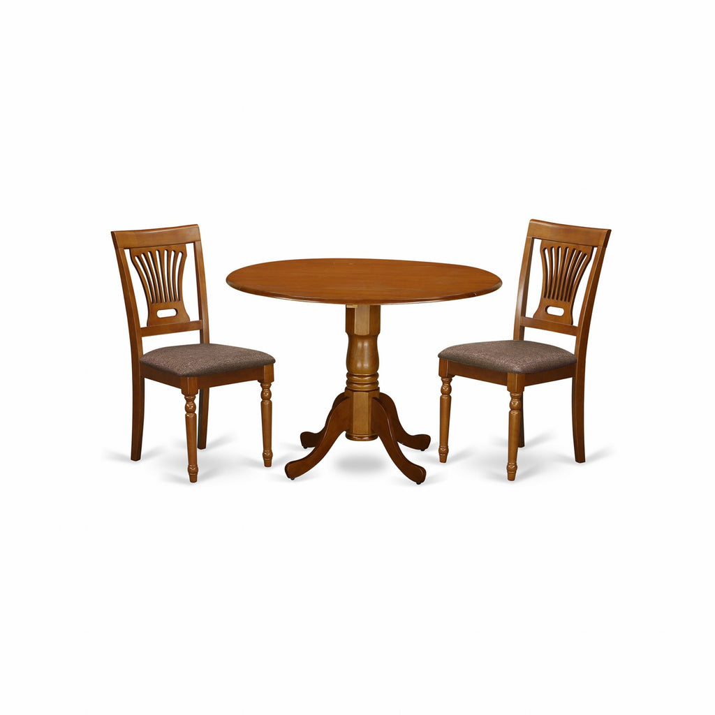 East West Furniture DLPL3-SBR-C 3 Piece Dining Room Table Set  Contains a Round Kitchen Table with Dropleaf and 2 Linen Fabric Upholstered Dining Chairs, 42x42 Inch, Saddle Brown