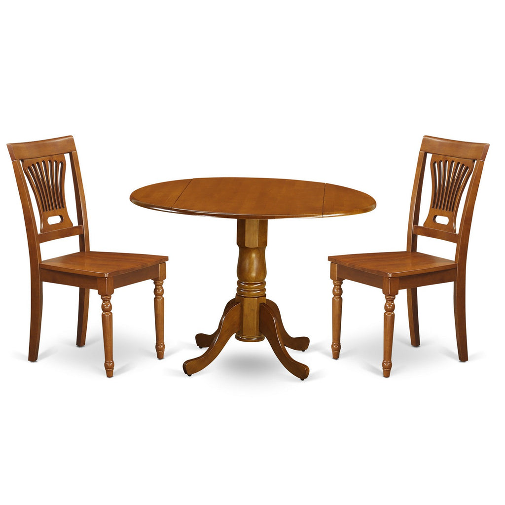 East West Furniture DLPL3-SBR-W 3 Piece Dining Table Set for Small Spaces Contains a Round Dining Room Table with Dropleaf and 2 Wood Seat Chairs