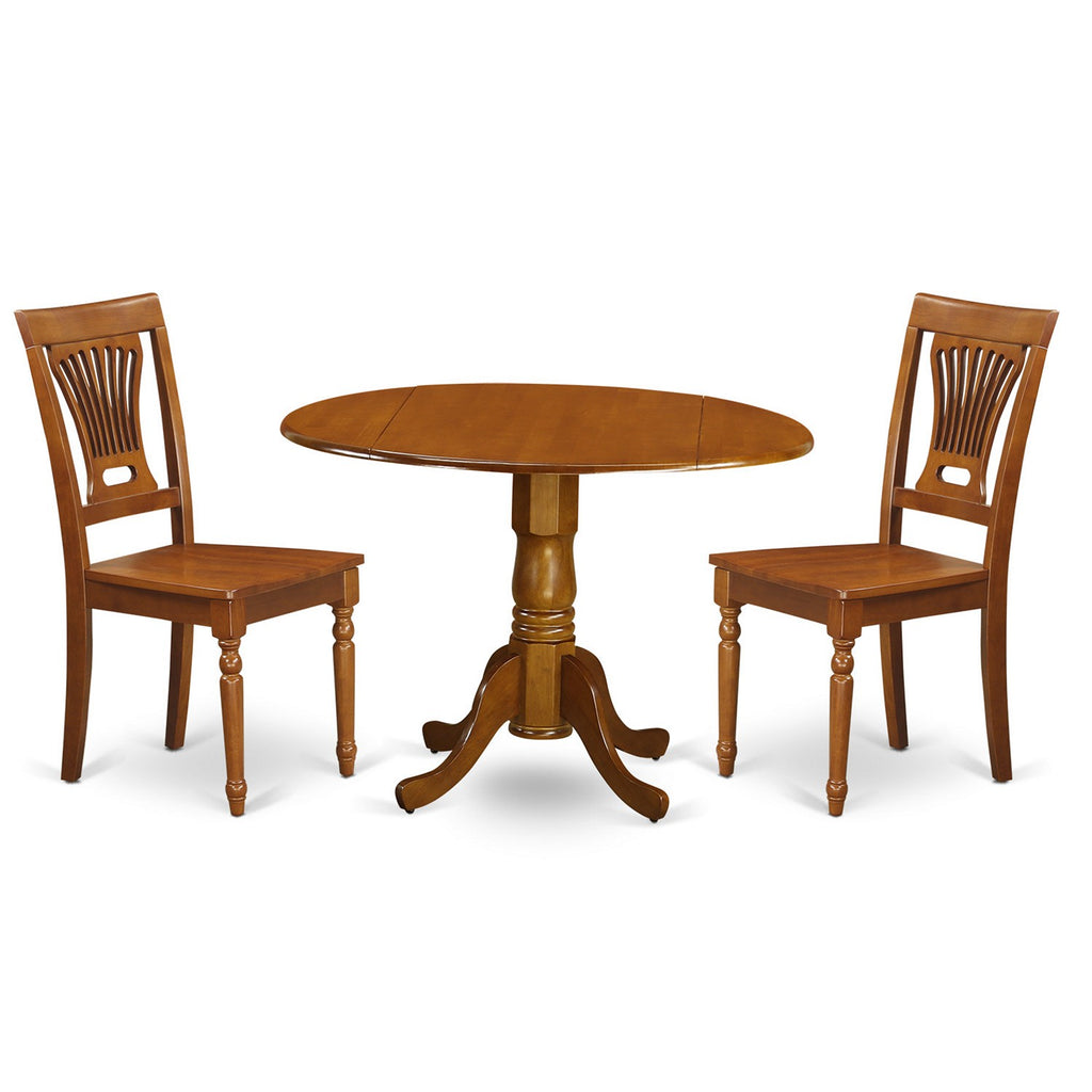 East West Furniture DLPL3-SBR-W 3 Piece Dining Table Set for Small Spaces Contains a Round Dining Room Table with Dropleaf and 2 Wood Seat Chairs, 42x42 Inch, Saddle Brown