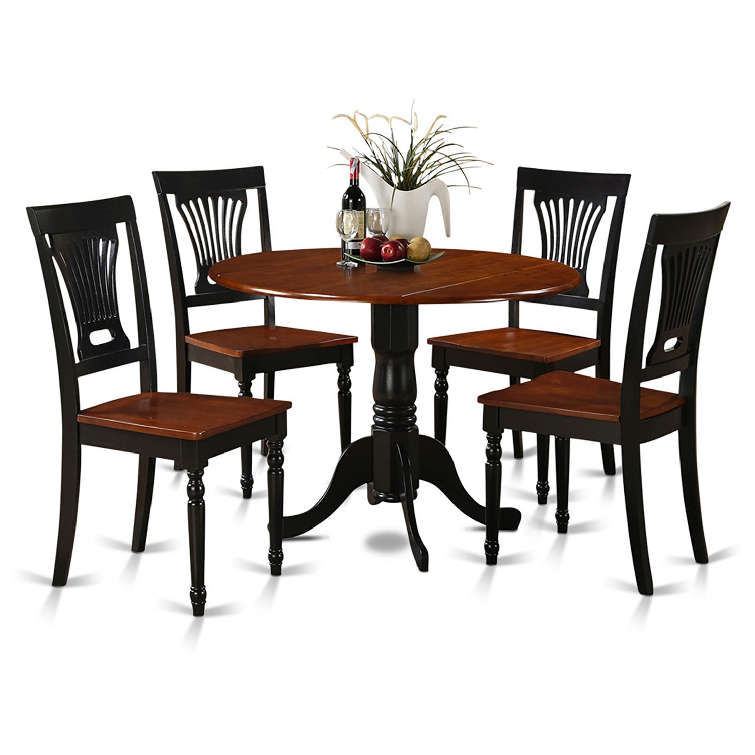 El juego de mesa y sillas de cocina de 5 piezas DLPL5-BCH-W de East West Furniture incluye una mesa de comedor redonda con alas abatibles y 4 sillas de comedor.