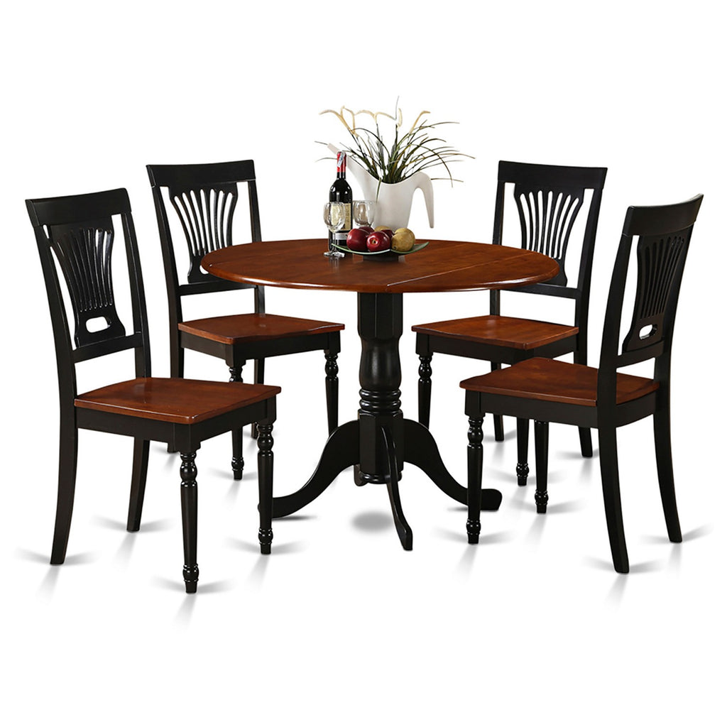 East West Furniture DLPL5-BCH-W 5 Piece Kitchen Table & Chairs Set Includes a Round Dining Table with Dropleaf and 4 Dining Room Chairs