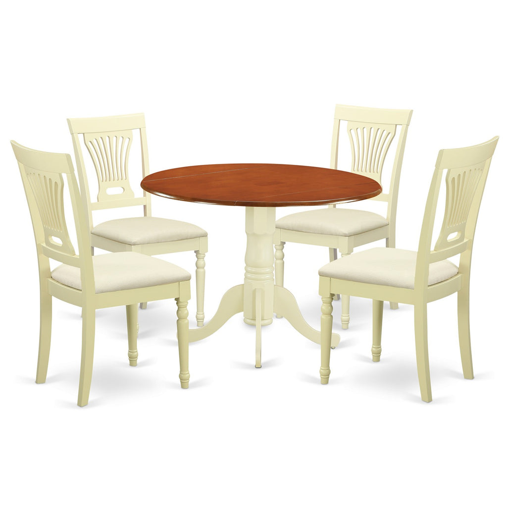 Juego de comedor de 5 piezas East West Furniture DLPL5-BMK-C para 4 personas. Incluye una mesa de comedor redonda con alas abatibles y 4 sillas de comedor de tela de lino.