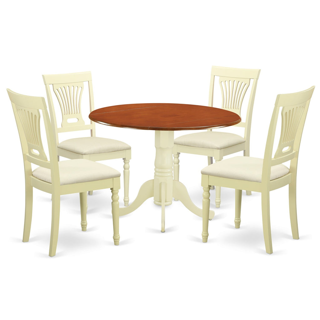 East West Furniture DLPL5-BMK-C 5 Piece Dinette Set for 4 Includes a Round Dining Table with Dropleaf and 4 Linen Fabric Dining Room Chairs, 42x42 Inch, Buttermilk & Cherry
