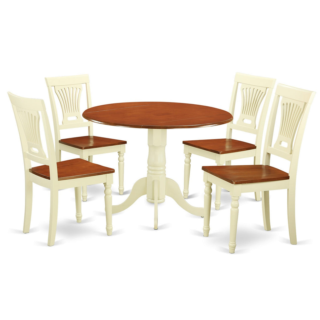 East West Furniture DLPL5-BMK-W 5 Piece Modern Dining Table Set Includes a Round Wooden Table with Dropleaf and 4 Dining Chairs