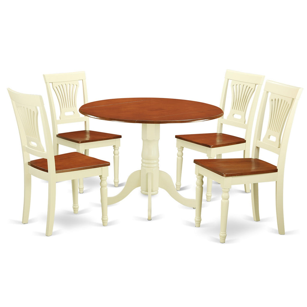 East West Furniture DLPL5-BMK-W 5 Piece Modern Dining Table Set Includes a Round Wooden Table with Dropleaf and 4 Dining Chairs, 42x42 Inch, Buttermilk & Cherry