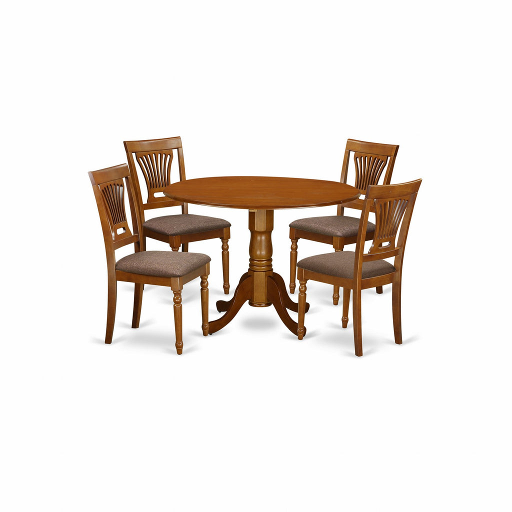 El juego de comedor de 5 piezas DLPL5-SBR-C de East West Furniture incluye una mesa de comedor redonda con alas abatibles y 4 sillas tapizadas en tela de lino.