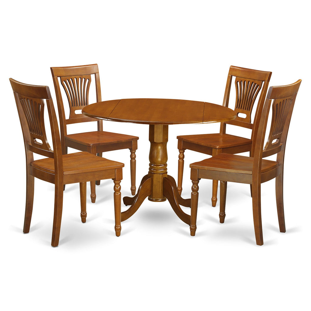 East West Furniture DLPL5-SBR-W 5 Piece Dining Room Table Set Includes a Round Kitchen Table with Dropleaf and 4 Dining Chairs, 42x42 Inch, Saddle Brown
