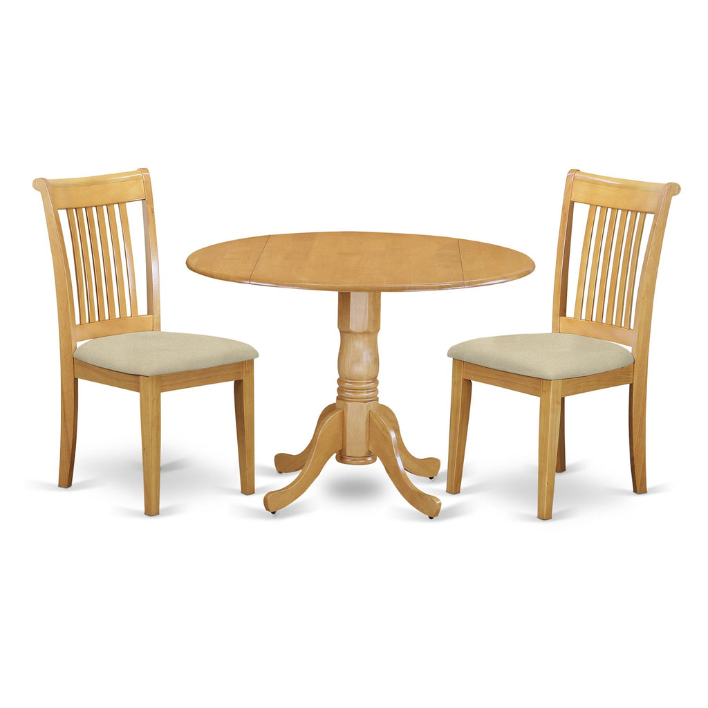 Juego de comedor de 3 piezas DLPO3-OAK-C de East West Furniture. Incluye una mesa de comedor redonda con alas abatibles y 2 sillas de cocina de tela de lino.
