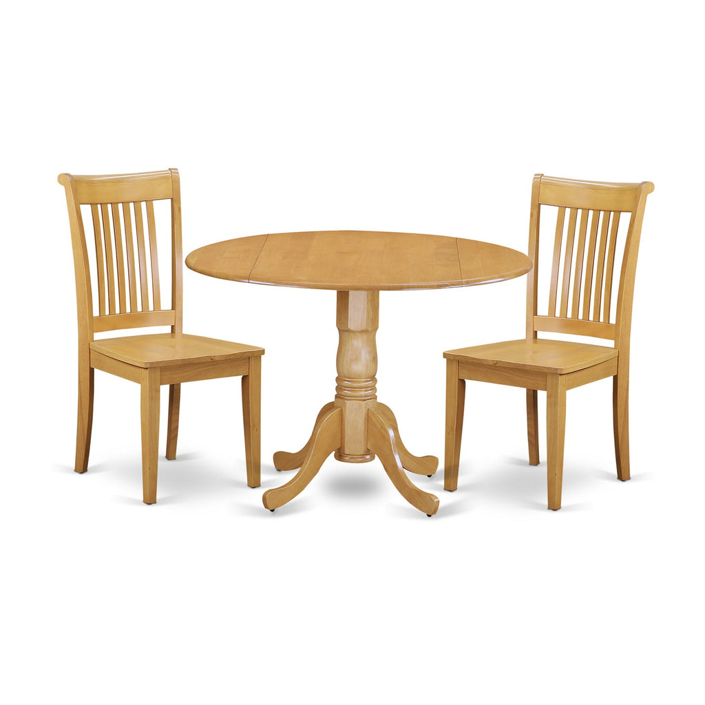 East West Furniture DLPO3-OAK-W 3 Piece Dining Room Furniture Set Contains a Round Kitchen Table with Dropleaf and 2 Dining Chairs