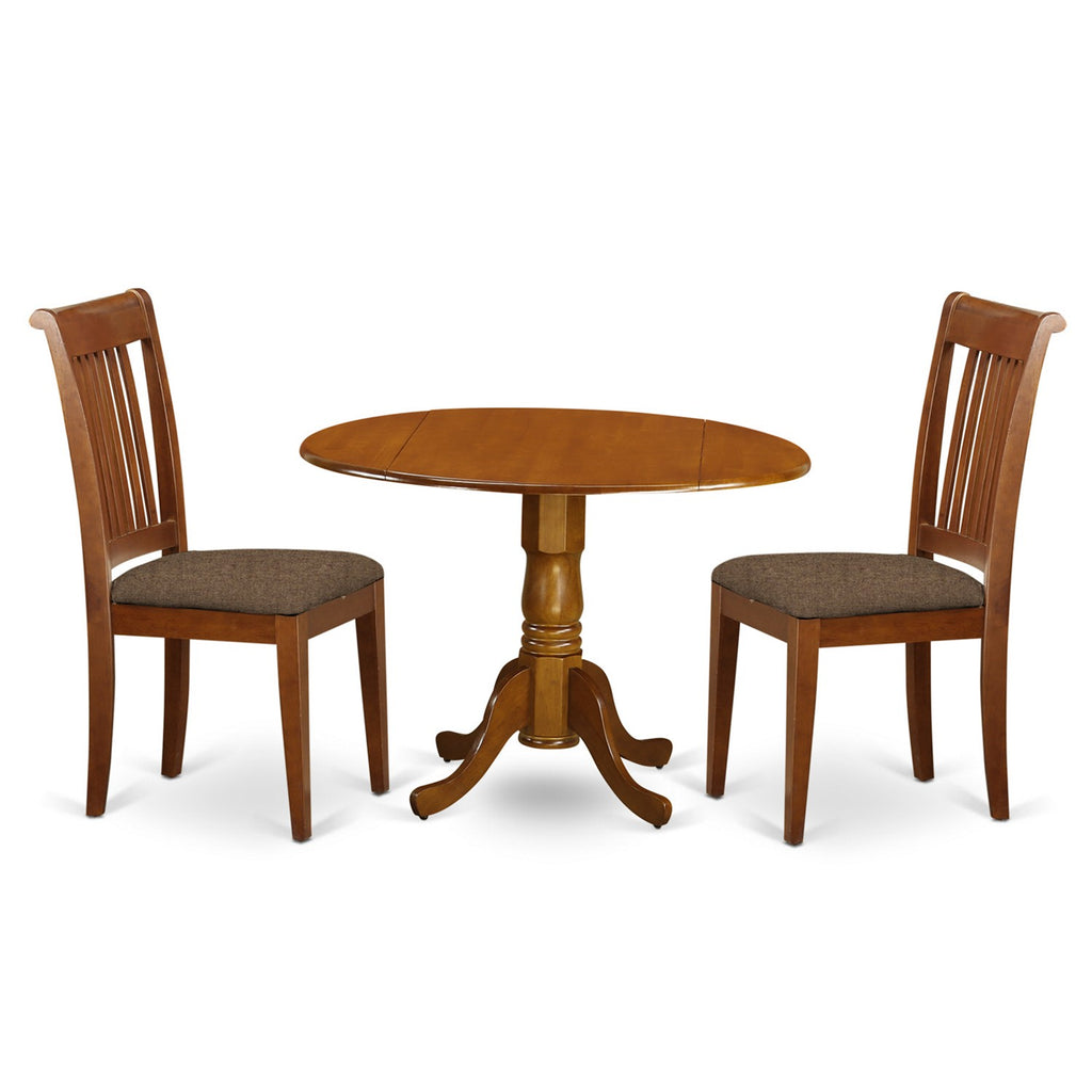 Juego de mesa y sillas de cocina de 3 piezas DLPO3-SBR-C de East West Furniture. Incluye una mesa de comedor redonda con alas abatibles y dos sillas de comedor tapizadas en tela de lino.