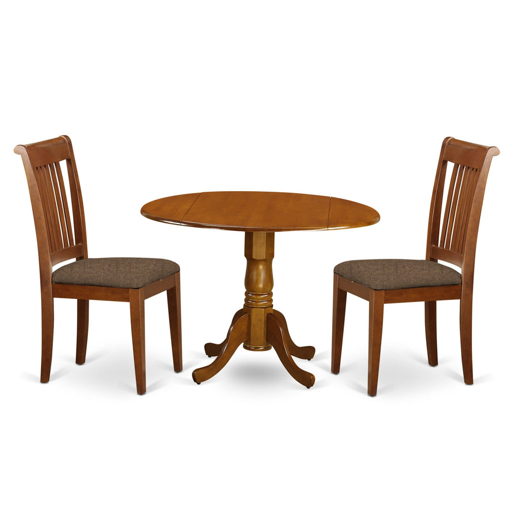 East West Furniture DLPO3-SBR-C 3 Piece Kitchen Table & Chairs Set Contains a Round Dining Room Table with Dropleaf and 2 Linen Fabric Upholstered Dining Chairs, 42x42 Inch, Saddle Brown