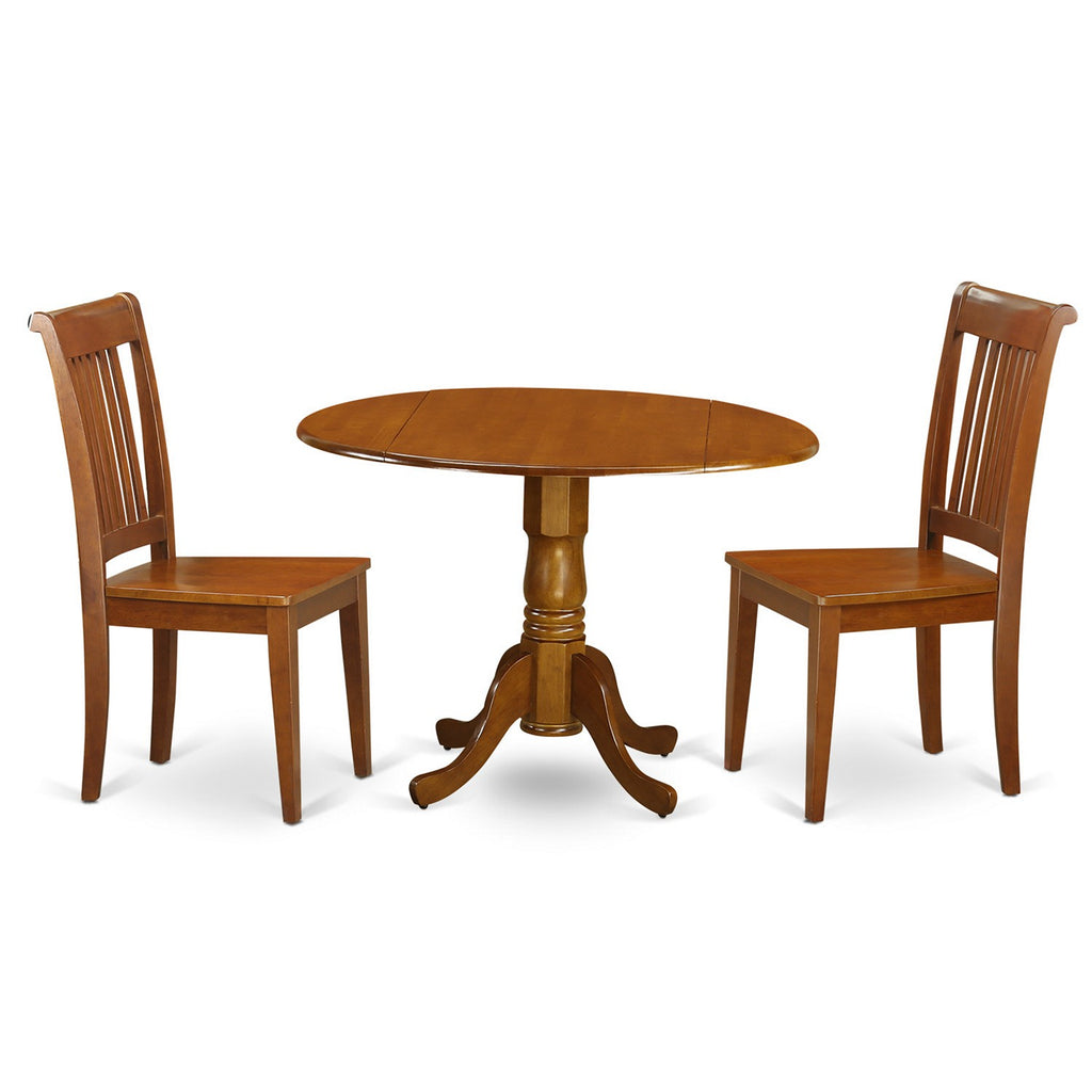Juego de mesa de cocina de 3 piezas East West Furniture DLPO3-SBR-W para espacios pequeños. Incluye una mesa de comedor redonda con alas abatibles y dos sillas con asiento de madera maciza.