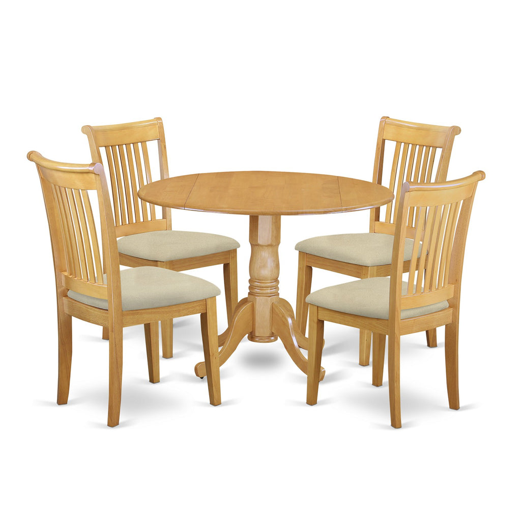 East West Furniture DLPO5-OAK-C 5 Piece Dinette Set for 4 Includes a Round Dining Room Table with Dropleaf and 4 Linen Fabric Upholstered Dining Chairs, 42x42 Inch, Oak