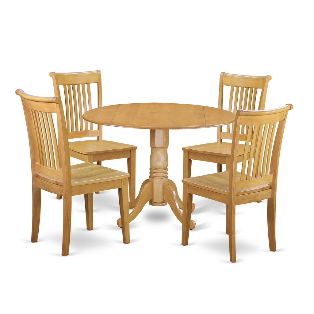 East West Furniture DLPO5-OAK-W 5 Piece Modern Dining Table Set Includes a Round Wooden Table with Dropleaf and 4 Dining Chairs
