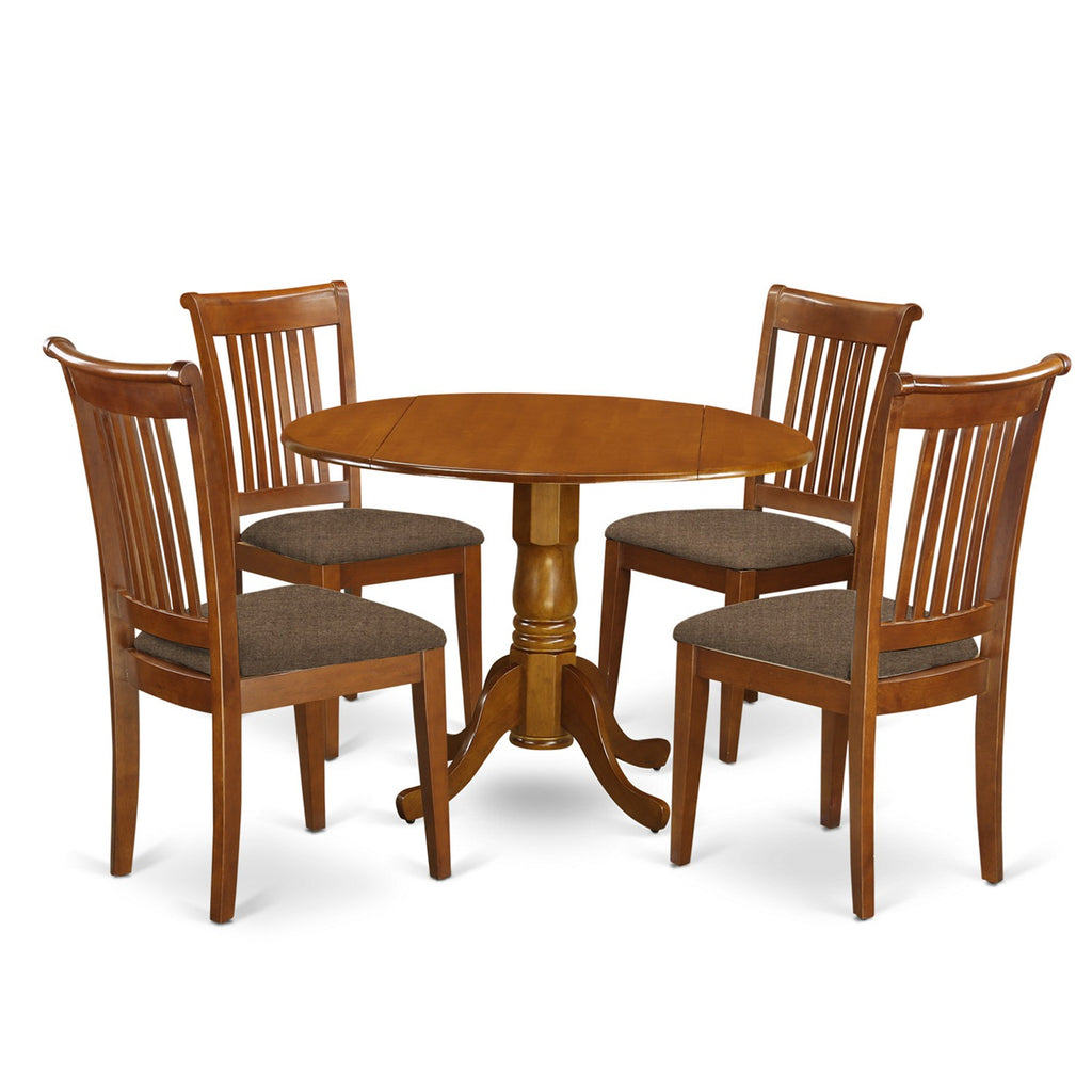 Juego de comedor de 5 piezas East West Furniture DLPO5-SBR-C para 4 personas. Incluye una mesa de comedor redonda con alas abatibles y 4 sillas de comedor tapizadas en tela de lino.