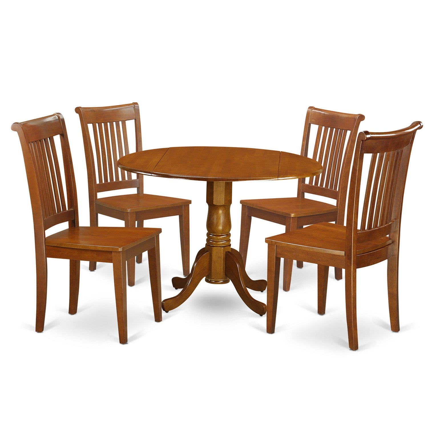 Juego de mesa y sillas de cocina de 5 piezas DLPO5-SBR-W de East West Furniture. Incluye una mesa de comedor redonda con alas abatibles y 4 sillas de comedor.