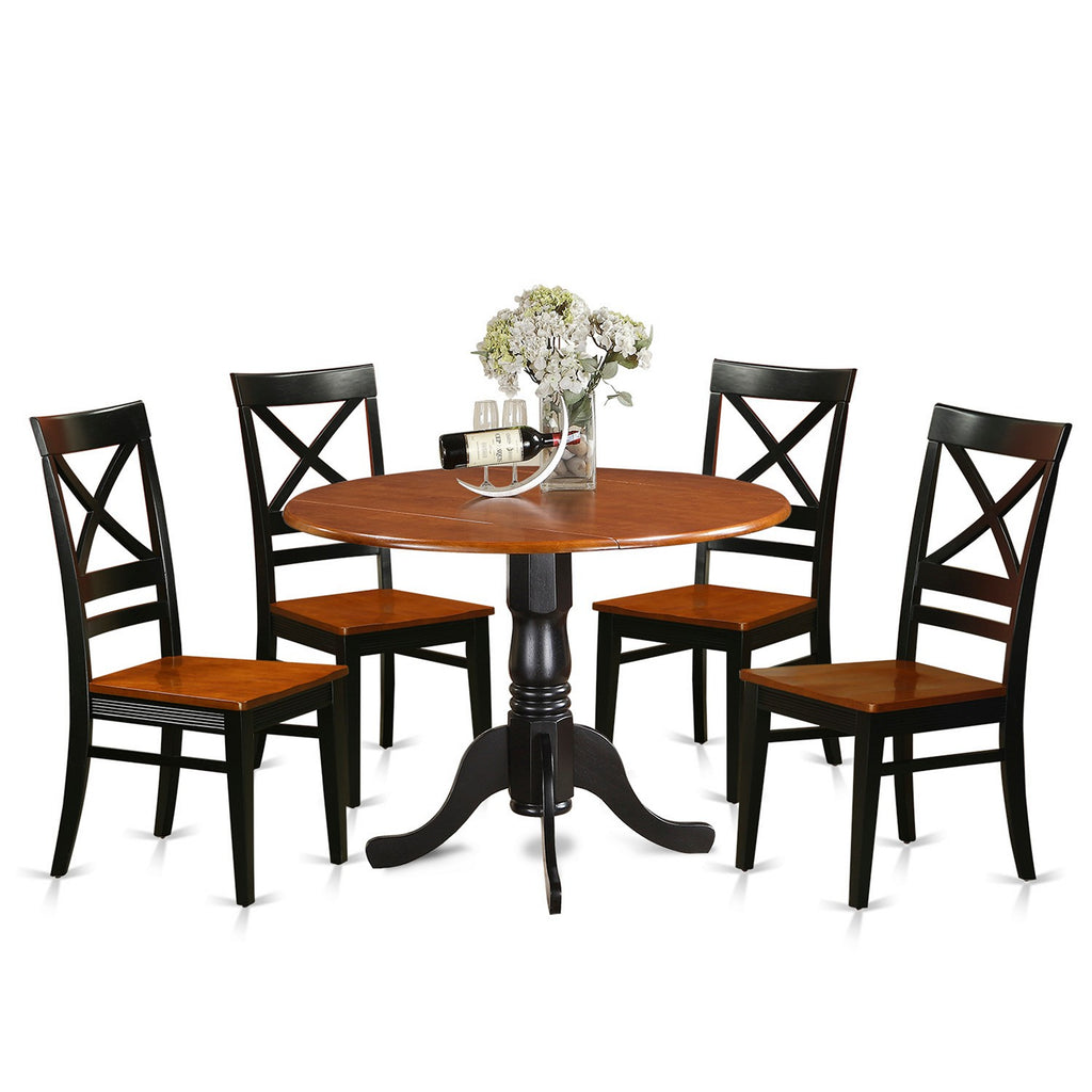 El juego de muebles de comedor de 5 piezas East West Furniture DLQU5-BCH-W incluye una mesa de cocina redonda con alas abatibles y 4 sillas de comedor.