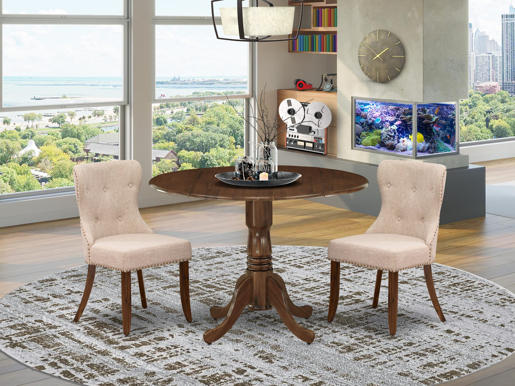 Juego de comedor de 3 piezas DLSI3-AWA-04 de East West Furniture. Incluye una mesa de cocina redonda con alas abatibles y 2 sillas Parson tapizadas.