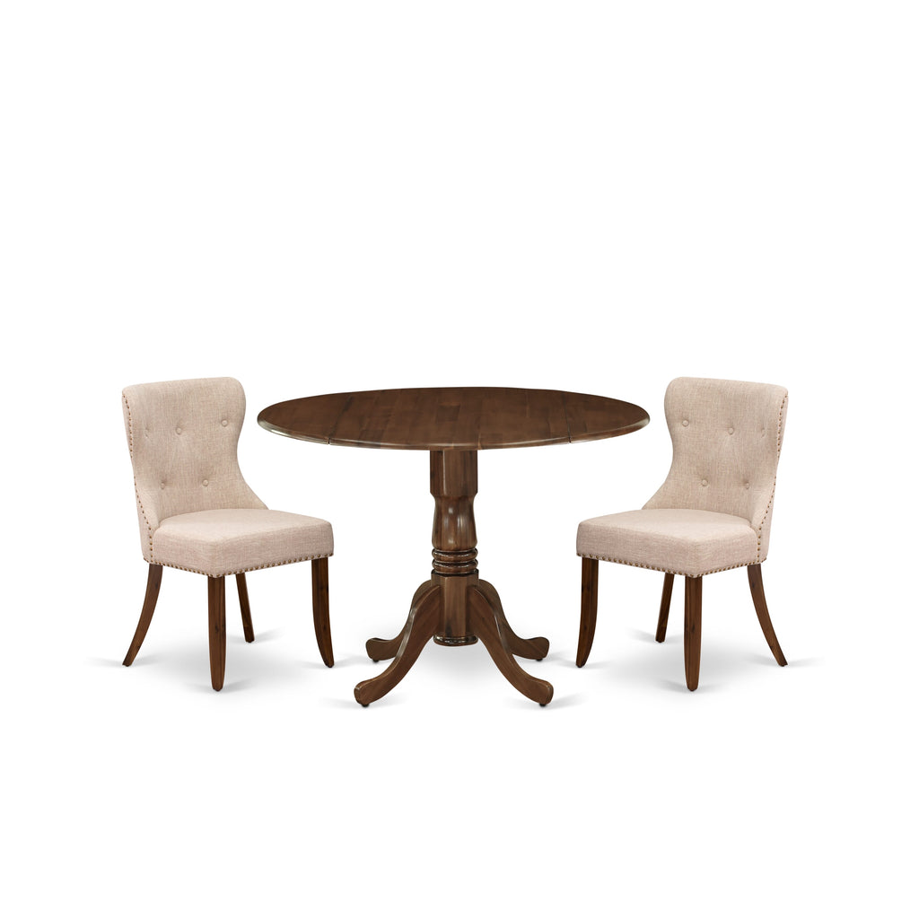 Juego de comedor de 3 piezas DLSI3-AWA-04 de East West Furniture. Incluye una mesa de cocina redonda con alas abatibles y 2 sillas Parson tapizadas.